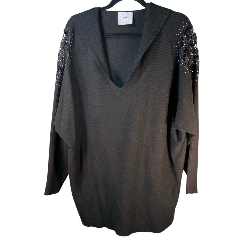 LIV Plus 2X Black V-Neck Hooded Sweater with‎ Embellished Shoulders long sleeve